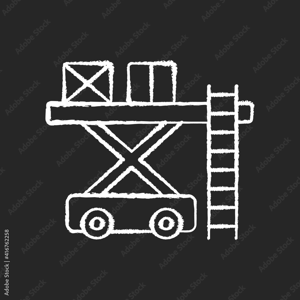 Ramp services chalk white icon on black background. Aircraft maintenance. Professoinal ground service. Loading luggage. Silhouette symbol on white space. Isolated vector chalkboard illustration Ramp services chalk white icon on black background. Aircraft maintenance. Professoinal ground service. Loading luggage. Silhouette symbol on white space. Isolated vector chalkboard illustration