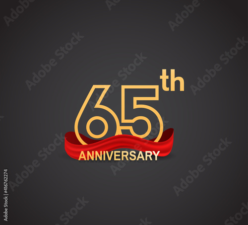 65 anniversary logotype design with line golden color and red ribbon isolated on dark background can be use for celebration, greeting card and special moment event