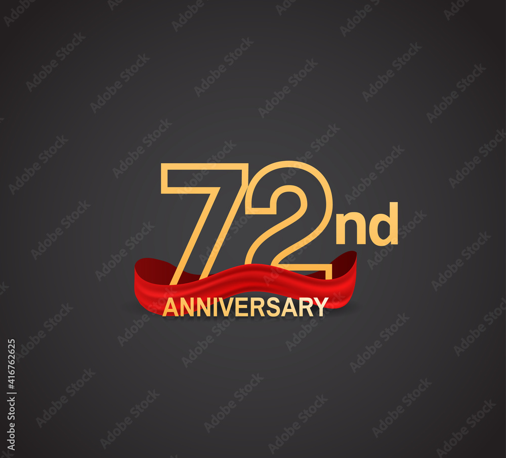 72 anniversary logotype design with line golden color and red ribbon isolated on dark background can be use for celebration, greeting card and special moment event