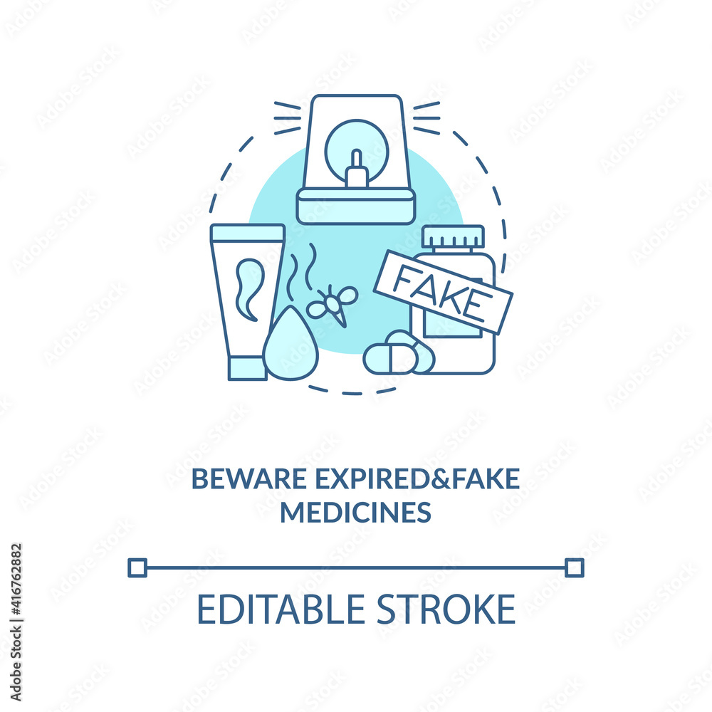 Beware expired and fake medicines concept icon. Online pharmacy idea thin line illustration. Drugs an pills. Buying medicine online tips. Vector isolated outline RGB color drawing. Editable stroke