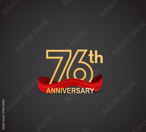 76 anniversary logotype design with line golden color and red ribbon isolated on dark background can be use for celebration, greeting card and special moment event