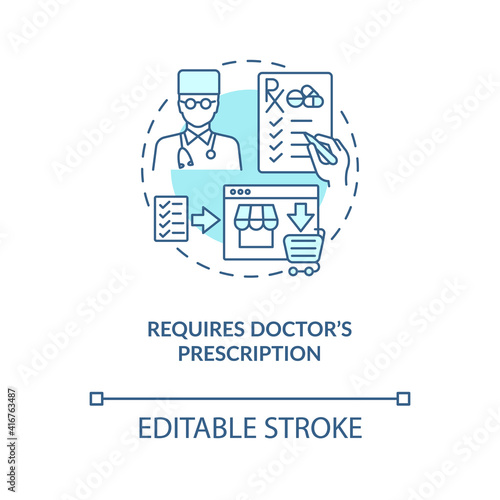 Requires doctor s prescription concept icon. Online therapy idea thin line illustration. Safe online pharmacy signs. Buying drugs. Vector isolated outline RGB color drawing. Editable stroke