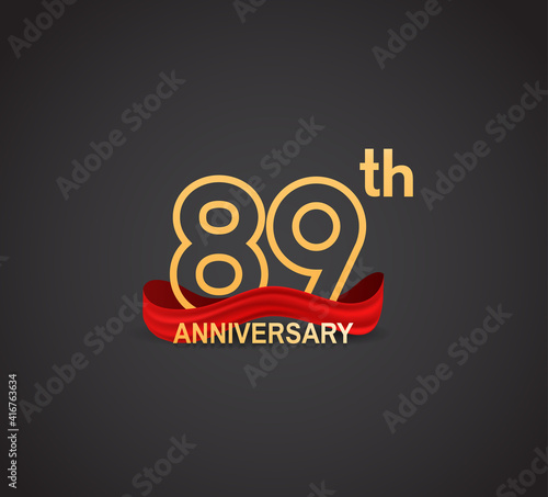 89 anniversary logotype design with line golden color and red ribbon isolated on dark background can be use for celebration, greeting card and special moment event