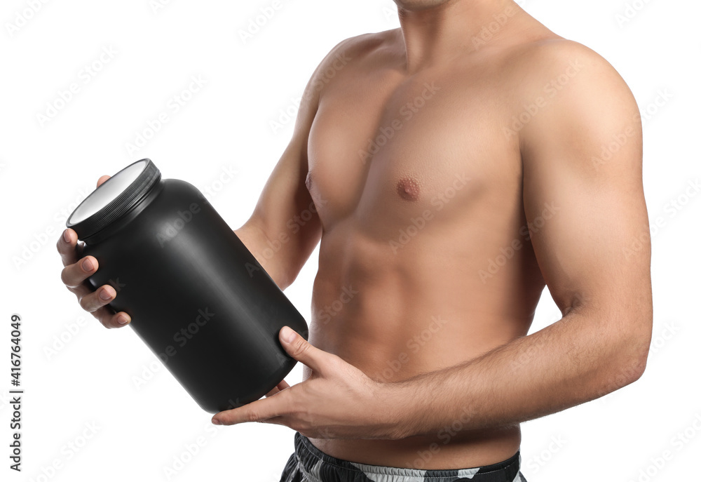 Naklejka premium Athletic man with big black jar on white background, closeup. Doping concept