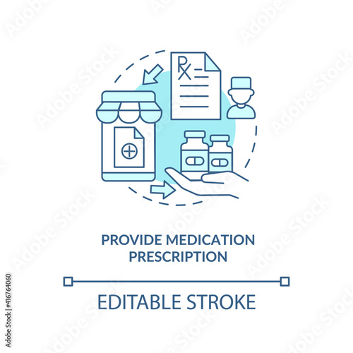 Provide medication prescription concept icon. Online pharmacy idea thin line illustration. Online drug store order steps. Vector isolated outline RGB color drawing. Editable stroke