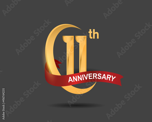 11 anniversary design logotype golden color with ring and red ribbon for celebration, greeting card, invitation and special event