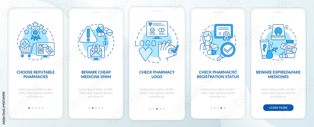 Buying medicine online tips onboarding mobile app page screen with concepts. Check pharmacy logo walkthrough 5 steps graphic instructions. UI vector template with RGB color illustrations