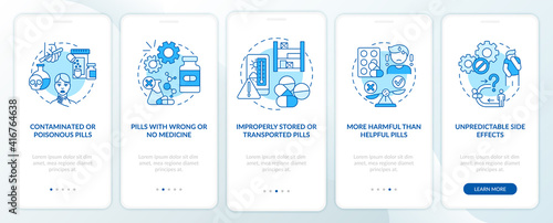Unregistered pharmacies threats onboarding mobile app page screen with concepts. More harmful than helpful walkthrough 5 steps graphic instructions. UI vector template with RGB color illustrations