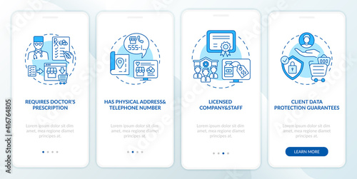 Safe online pharmacy signs onboarding mobile app page screen with concepts. Doctors prescription walkthrough 5 steps graphic instructions. UI vector template with RGB color illustrations