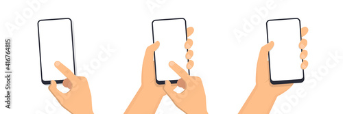 Hand holding smart phone. Flat design icon. Vector illustration