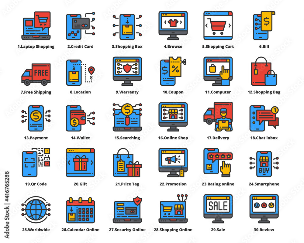 Obraz premium Online Shopping Icons Line Color Vector Illustration, Sale, Business, Payment, Delivery, Online Shop