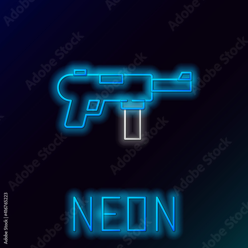 Glowing neon line Submachine gun M3, Grease gun icon isolated on black background. Colorful outline concept. Vector.