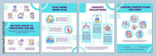 Buying covid19 medicine online brochure template. Contactless delivery. Flyer, booklet, leaflet print, cover design with linear icons. Vector layouts for magazines, annual reports, advertising posters