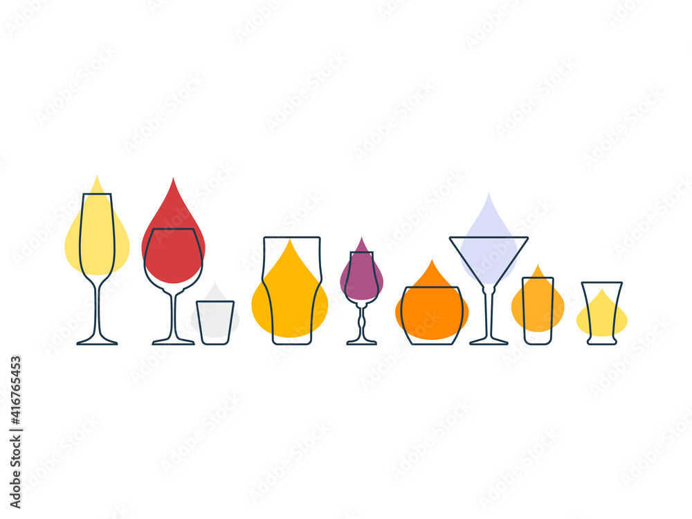 Modern abstract illustration with glass with color blob. Linear outline sign. Logo illustration on white background. Contour symbol. Vodka red wine tequila martini champagne whiskey beer liquor rum Modern abstract illustration with glass with color blob. Linear outline sign. Logo illustration on white background. Contour symbol. Vodka red wine tequila martini champagne whiskey beer liquor rum