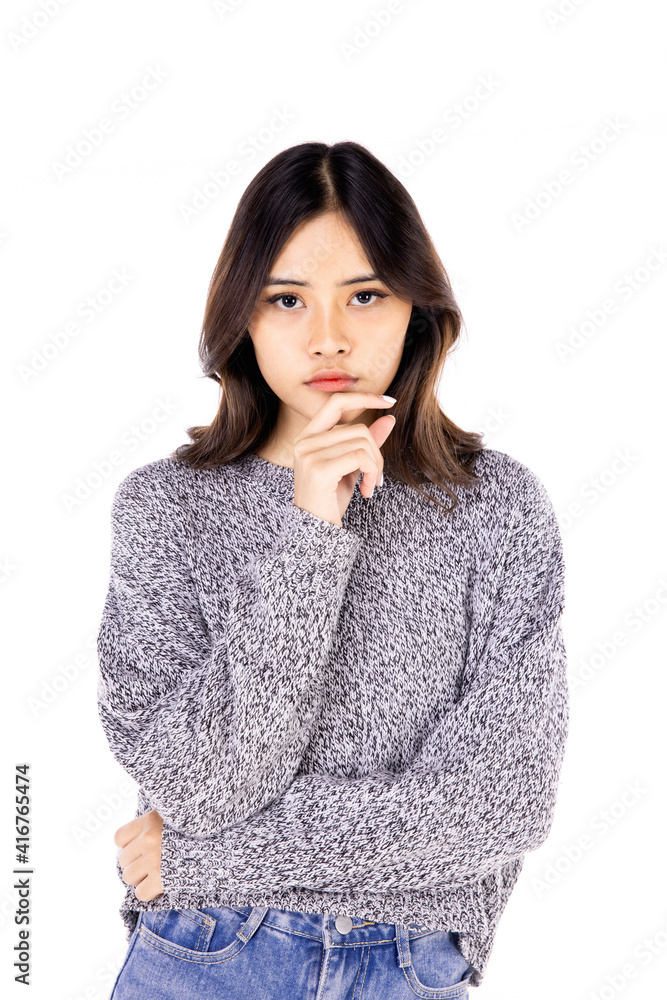 Portraits of young Asian women. Is contemplating, wondering, headache with anxious, not happy, beautiful woman with unconfidence, beautiful on a white background. Portraits of young Asian women. Is contemplating, wondering, headache with anxious, not happy, beautiful woman with unconfidence, beautiful on a white background.