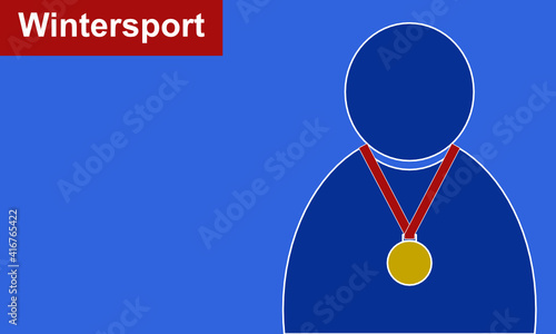 Blaue Personenfigur mit einer Goldmedaille am roten Band um den Hals vor blauen Hintergrund