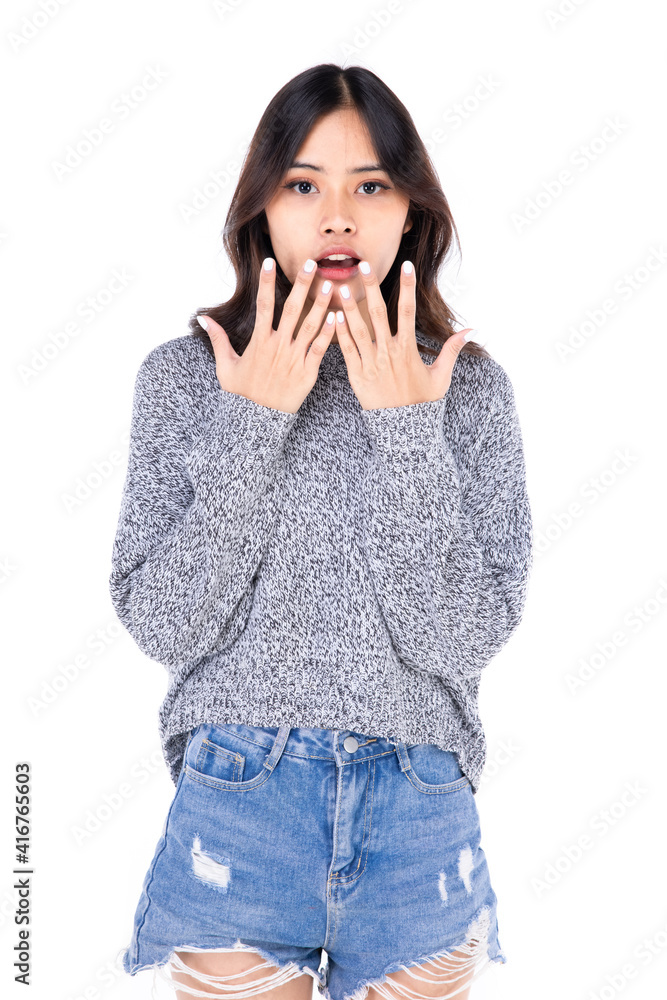 Portraits of young Asian women. Showing a shocked expression, a beautiful girl with a sense of self-confidence, good looking, happy isolated on a white background. Portraits of young Asian women. Showing a shocked expression, a beautiful girl with a sense of self-confidence, good looking, happy isolated on a white background.