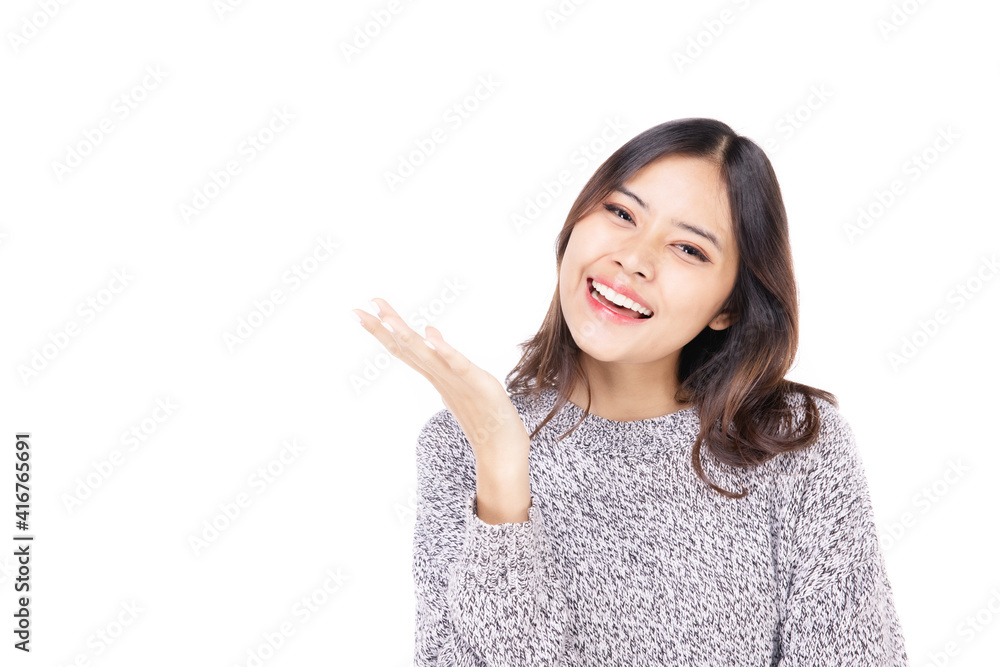 Portraits of young Asian women. Pointing to the side With a smiling face happily, a beautiful woman with a sense of self-confidence, looks good, happy on a white background. Portraits of young Asian women. Pointing to the side With a smiling face happily, a beautiful woman with a sense of self-confidence, looks good, happy on a white background.