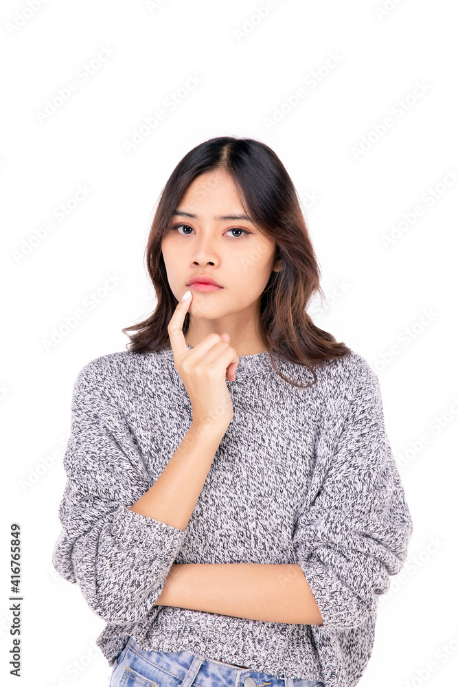 Portraits of young Asian women. Is contemplating, wondering, headache with anxious, not happy, beautiful woman with unconfidence, beautiful on a white background. Portraits of young Asian women. Is contemplating, wondering, headache with anxious, not happy, beautiful woman with unconfidence, beautiful on a white background.