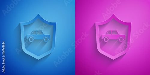 Paper cut Car with shield icon isolated on blue and purple background. Insurance concept. Security, safety, protection, protect concept. Paper art style. Vector.