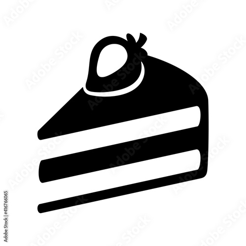 Hand drawn cake slice icon. Black and white cake with strawberry isolated vector illustration