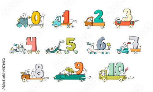 Cartoon icons set with cars and numbers.