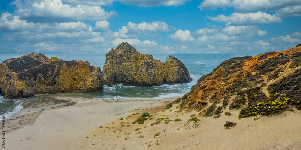 Aerial view from drone, Pfeiffer beach in Big Sur, incredibly picturesque beach, beautiful landscape of the Pacific coast, rocks, sand, ocean and sky. Concept, vacation, tourism