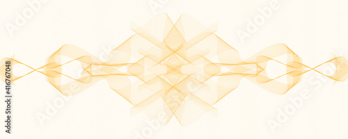 Golden watermark ornament, vignette. Symmetric guilloche pattern, zigzag, wavy lines. Squiggle curves. Line art design. Vector abstract background for cheque, certificate, voucher, banknote. EPS10