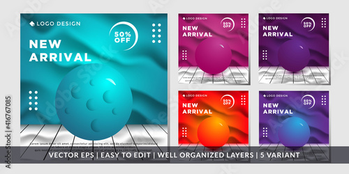 banner sale for social media templates, white chair concept and glowing ball. modern new arrival 50% off.