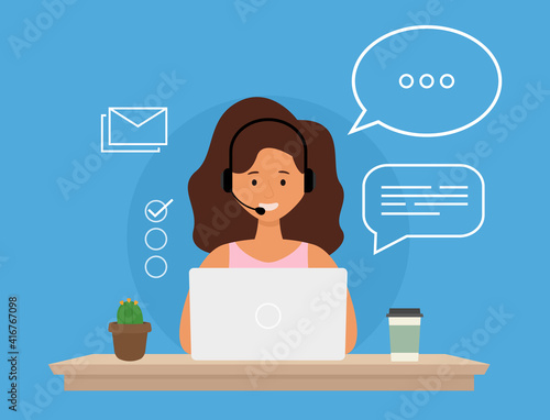 Сustomer service concept. Smiling woman with headphones and microphone with laptop. Flat vector illustration.