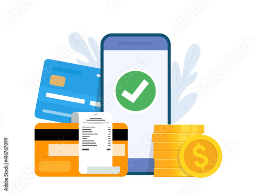 Online payment and digital bill concept. Mobile banking app and payment by credit card. Vector illustration.
