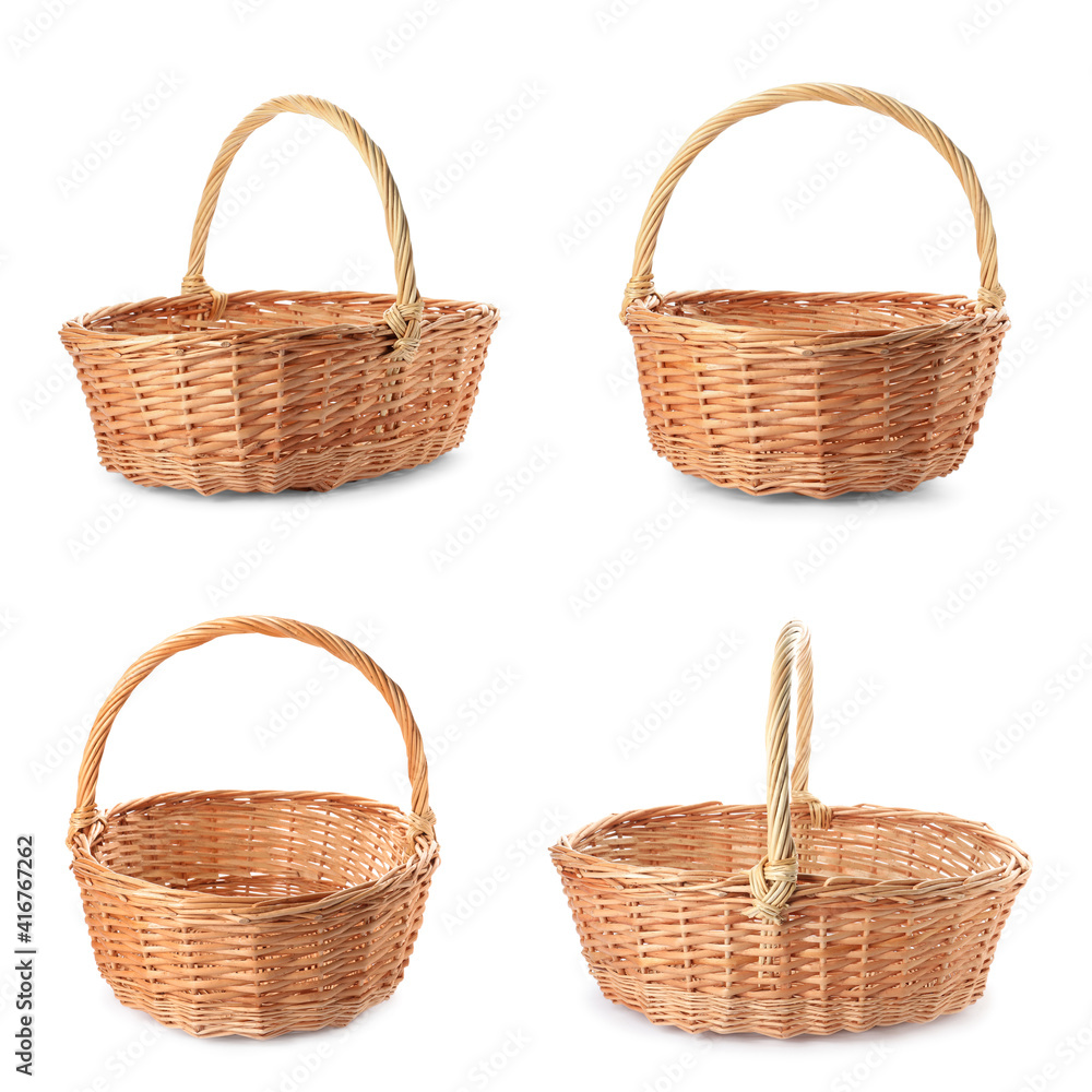 Set with wicker baskets on white background Set with wicker baskets on white background