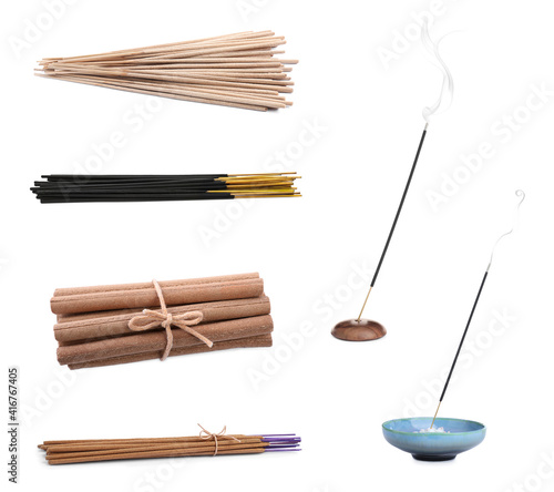Fotografie Set with aromatic incense sticks on white background