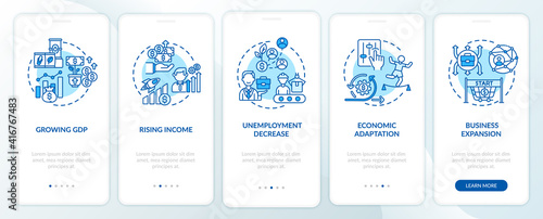 Growing of gross domestic product onboarding mobile app page screen with concepts. Economy adjustment walkthrough 5 steps graphic instructions. UI vector template with RGB color illustrations
