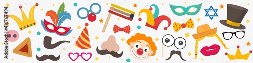 Happy purim banner template with clowns. Purim Carnival in Israel, Jewish holiday. Vector illustration