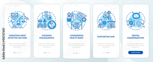 Considering health risks onboarding mobile app page screen with concepts. Targeting most affected sectors walkthrough 5 steps graphic instructions. UI vector template with RGB color illustrations