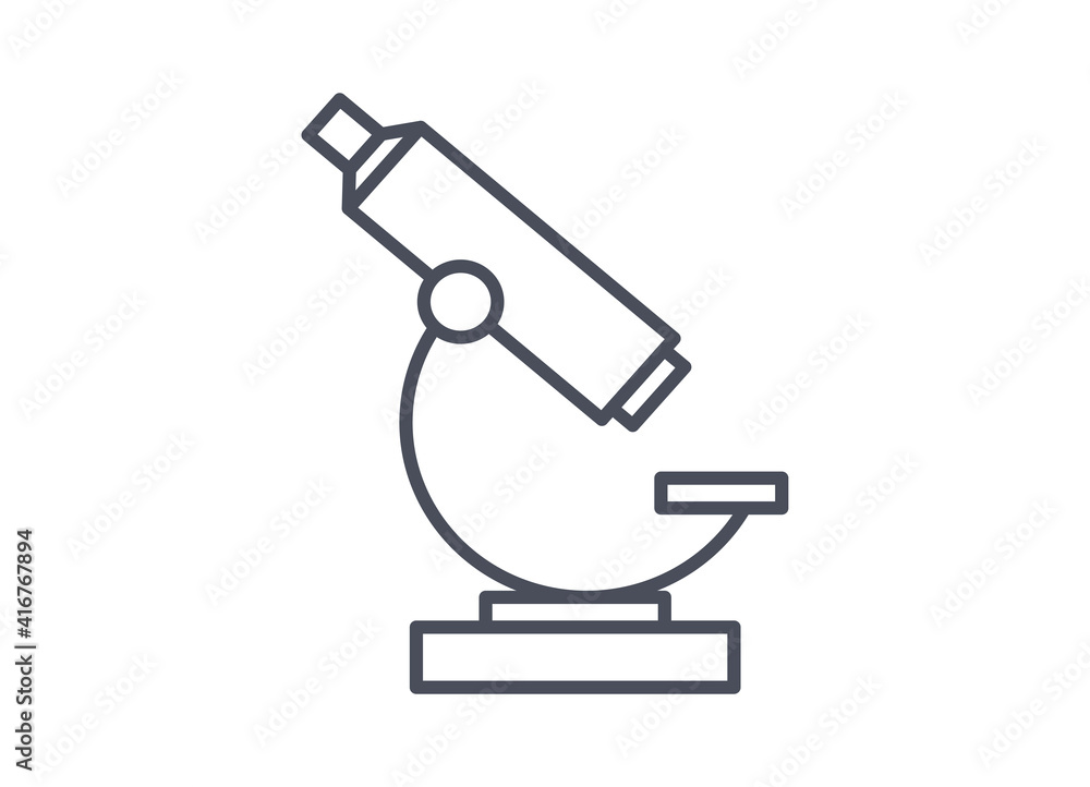 Laboratory microscope with single objective for scientific or microbiology work in side view, line drawn simple black and white vector icon isolated on white background Laboratory microscope with single objective for scientific or microbiology work in side view, line drawn simple black and white vector icon isolated on white background