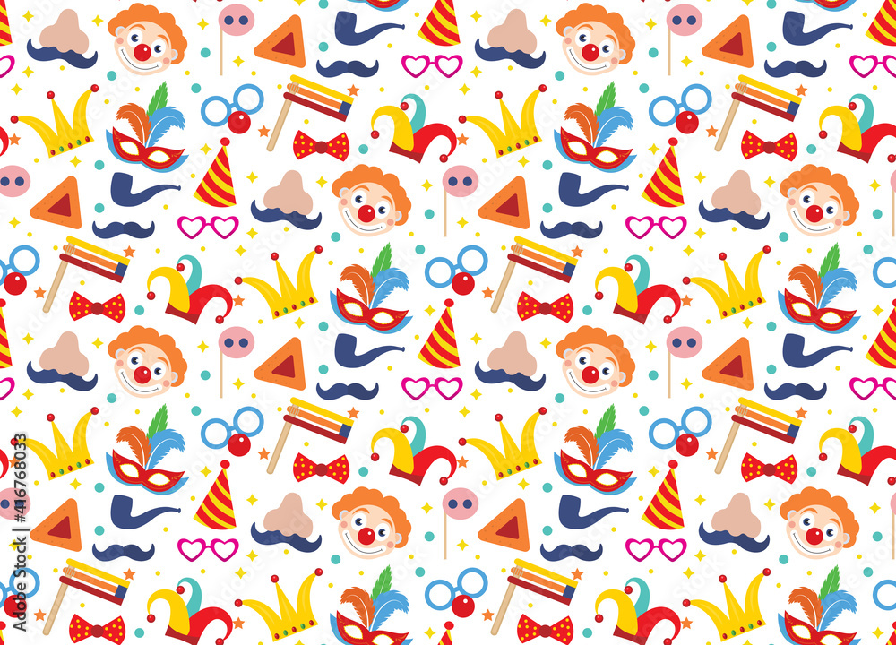 Happy purim seamless pattern with clowns. Circus, carnival endless texture, background. Vector illustration