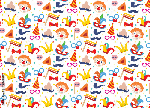 Happy purim seamless pattern with clowns. Circus  carnival endless texture  background. Vector illustration