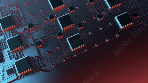 Printed circuit board futuristic server/Circuit board futuristic server code processing. Red, rouse, blue technology background. 3d rendering