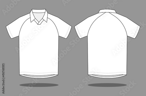 Blank white raglan sleeve football jersey and has a collar on a gray background. Front and back views, vector file.