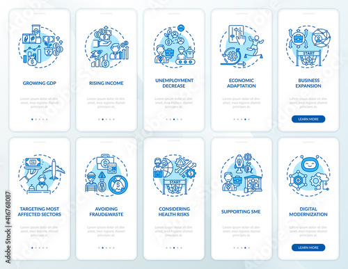 Economic recovery onboarding mobile app page screen with concepts set. Unemployment decrease walkthrough 5 steps graphic instructions. UI vector template with RGB color illustrations