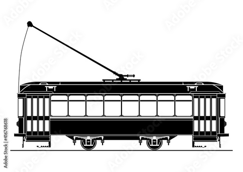 Vintage tram silhouette. Side view. Flat vector.