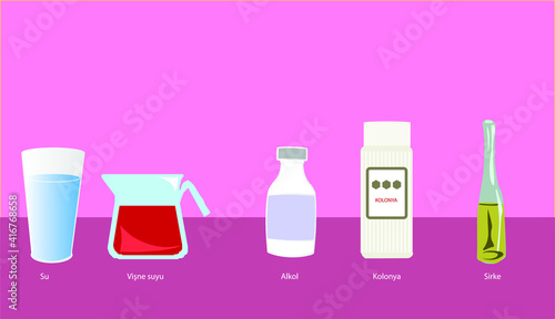 Vector Illustration of an Experiment for Education in School, Science, Water, Cologne, Vinegar, Oil, Alcohol and Glass Experiment for Students, Online Education