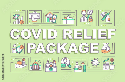 Covid relief package word concepts banner. Decreasing taxes during covid. Infographics with linear icons on green background. Isolated typography. Vector outline RGB color illustration