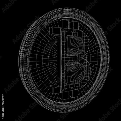 white outline of three-dimensional bitcoin on a black background. 3d render illustration