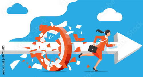 Businesswoman running and breaking target. Business woman in suit with briefcase. Goal setting. Smart goal. Business target concept. Achievement and success. Vector illustration in flat style