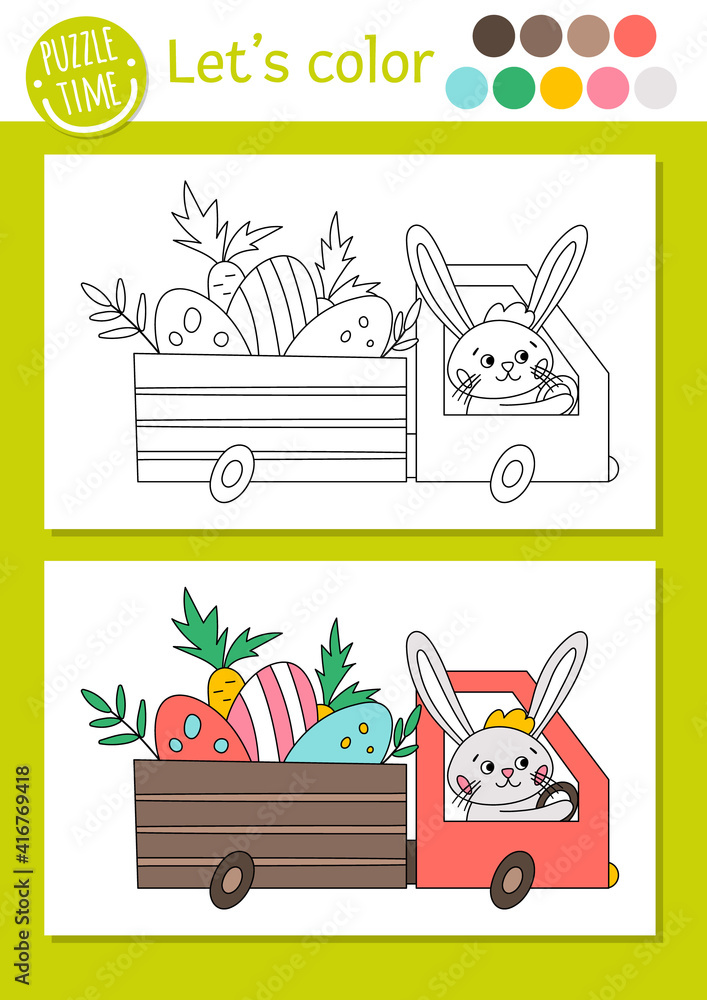 Easter coloring page for children. Funny bunny driving a car with eggs