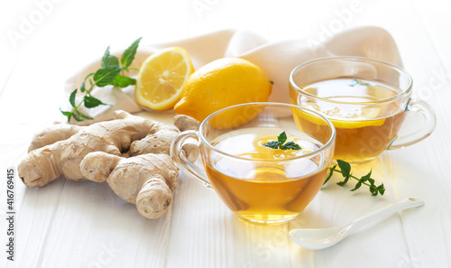 Herbal ginger tea boost your immune, two glass mugs of healthy hot drink