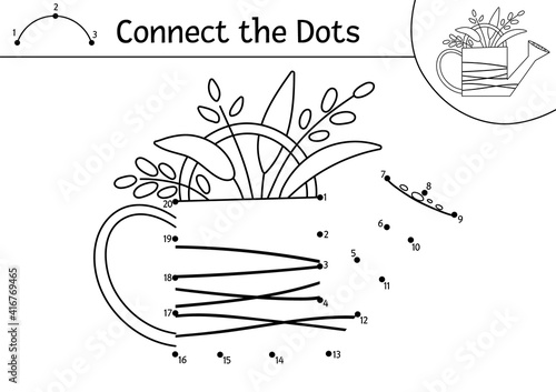 Vector Easter dot-to-dot and color activity with cute watering can with plants. Spring holiday connect the dots game for children with traditional symbol. Funny adorable coloring page for kids. .